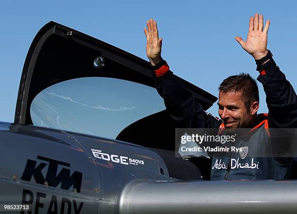 Hannes Arch of Austria celebrates winning the Red Bull Air Race Day on April 18, 2010 in Perth, Australia. Matt Hall of Australia came 2nd and Paul...