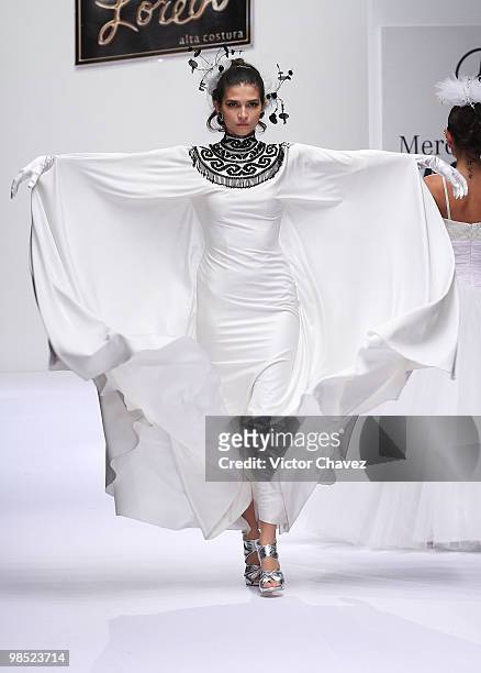 Model walks the runway wearing Pedro Loredo during Mercedes-Benz Fashion Mexico Autumn Winter 2010 at Campo Marte on April 16, 2010 in Mexico City,...