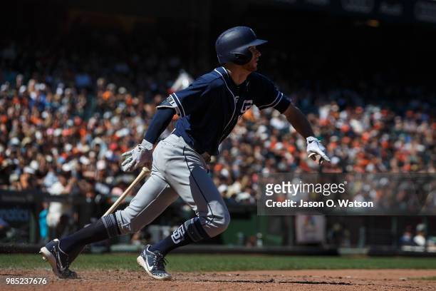 Cory Spangenberg of the San Diego Padres at bat against the San Francisco Giants during the eleventh inning at AT&T Park on June 24, 2018 in San...