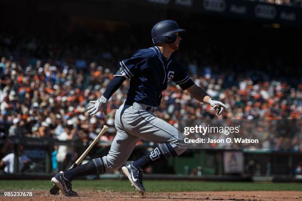 Cory Spangenberg of the San Diego Padres at bat against the San Francisco Giants during the eleventh inning at AT&T Park on June 24, 2018 in San...