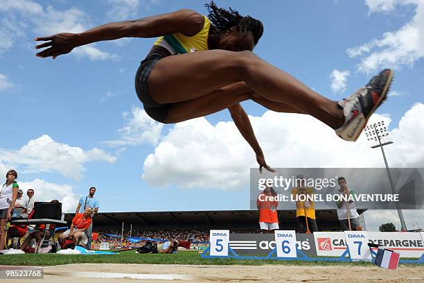 This file picture taken on July 26, 2008 in Albi, southern France shows French athlete Eunice Barber competing in the women long jump contest of the...