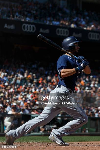 Eric Hosmer of the San Diego Padres at bat against the San Francisco Giants during the eleventh inning at AT&T Park on June 24, 2018 in San...