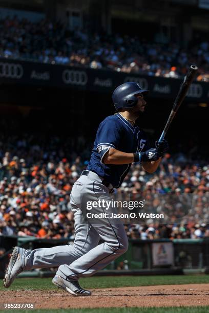 Eric Hosmer of the San Diego Padres at bat against the San Francisco Giants during the eleventh inning at AT&T Park on June 24, 2018 in San...