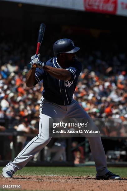 Jose Pirela of the San Diego Padres at bat against the San Francisco Giants during the tenth inning at AT&T Park on June 24, 2018 in San Francisco,...