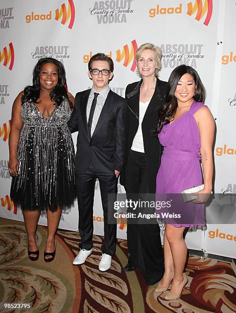 Actors Amber Riley, Kevin McHale, Jane Lynch and Jenna Ushkowitz arrive at the 21st Annual GLAAD Media Awards held at Hyatt Regency Century Plaza on...