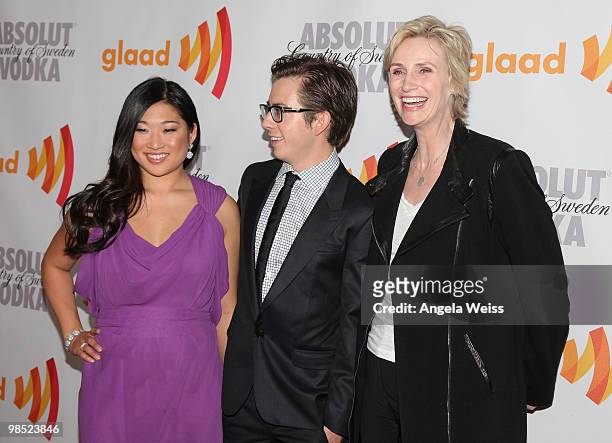 Actors Jenna Ushkowitz, Kevin McHale and Jane Lynch arrive at the 21st Annual GLAAD Media Awards held at Hyatt Regency Century Plaza on April 17,...