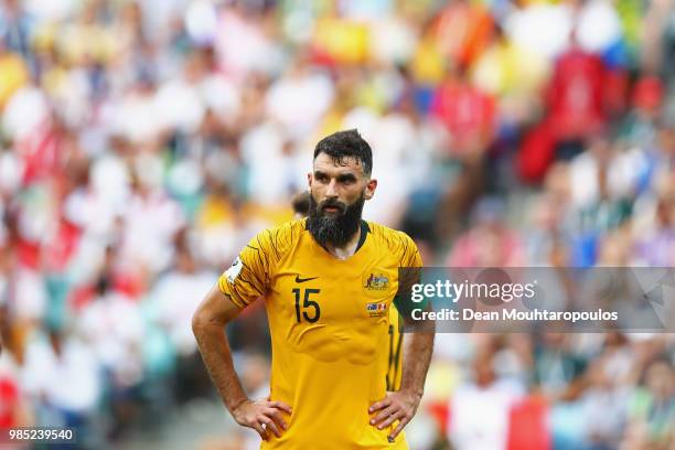 Captain, Mile Jedinak of Australia looks on during the 2018 FIFA World Cup Russia group C match between Australia and Peru at Fisht Stadium on June...