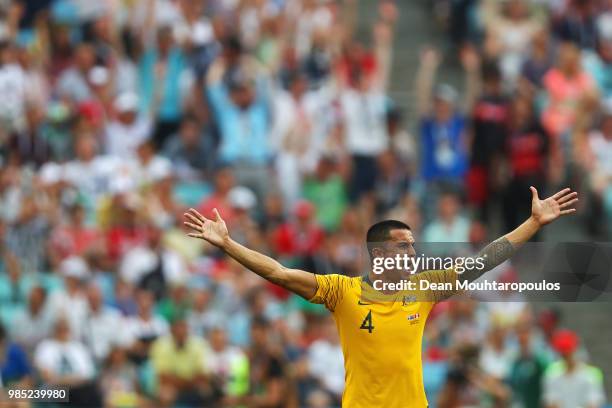 Tim Cahill of Australia reacts to of Australia referee decision during the 2018 FIFA World Cup Russia group C match between Australia and Peru at...
