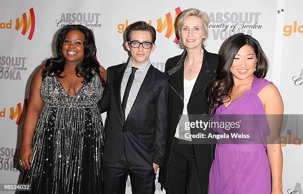 Actors Amber Riley, Kevin McHale, Jane Lynch and Jenna Ushkowitz arrive at the 21st Annual GLAAD Media Awards held at Hyatt Regency Century Plaza on...