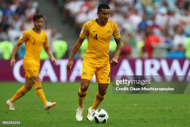 Tim Cahill of Australia in action during the 2018 FIFA World Cup Russia group C match between Australia and Peru at Fisht Stadium on June 26, 2018 in...