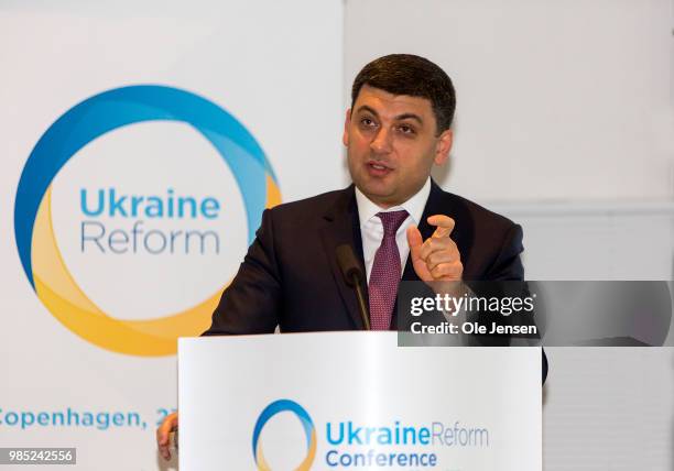 Volodymyr Borysovych Groysman, Prime Minister of Ukraine, speaks during the Ukraine Reform Conference on June 27, 2018 in Copenhagen, Denmark. The...