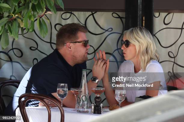 James Corden and Julia Carey seen having lunch at Scott's restaurant in Mayfair on June 27, 2018 in London, England.