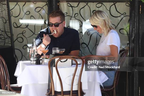 James Corden and Julia Carey seen having lunch at Scott's restaurant in Mayfair on June 27, 2018 in London, England.