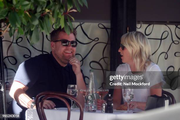 James Corden and Julia Carey seen having lunch at Scott's restaurant in Mayfair on June 27, 2018 in London, England.