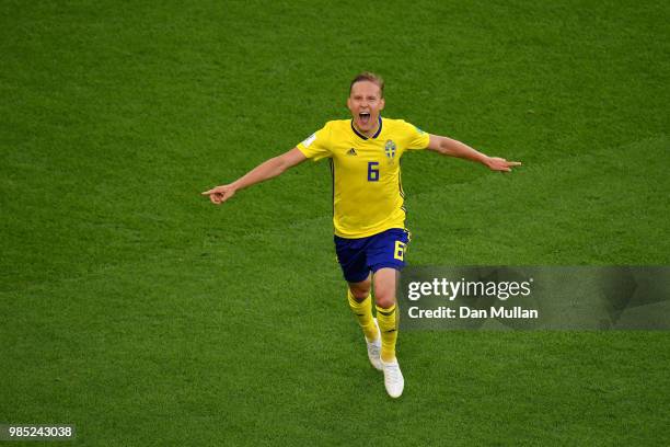 Ludwig Augustinsson of Sweden celebrates after scoring his team's first goal during the 2018 FIFA World Cup Russia group F match between Mexico and...