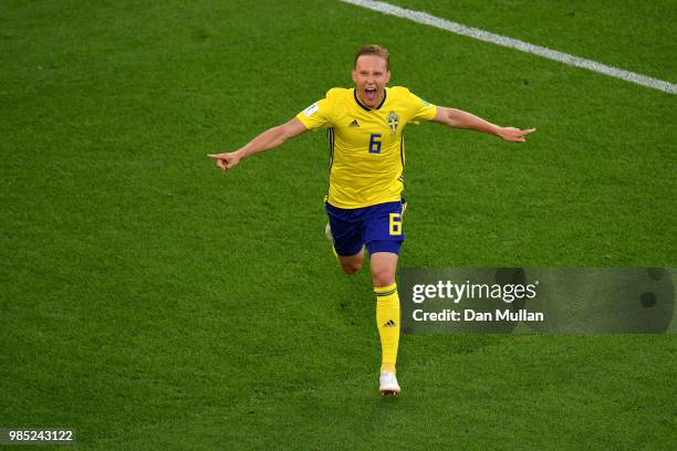 Ludwig Augustinsson of Sweden celebrates after scoring his team's first goal during the 2018 FIFA World Cup Russia group F match between Mexico and...