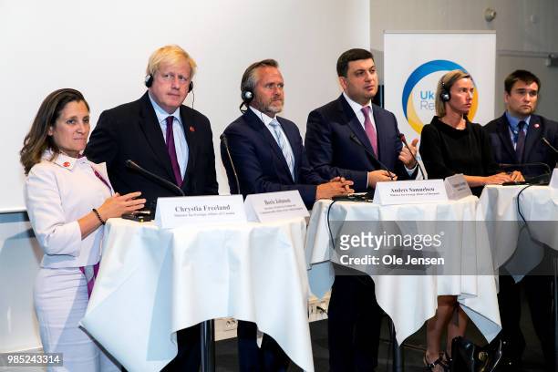 Press conference at the Ukraine Reform Conference on June 27, 2018 in Copenhagen, Denmark. Foreign Ministers from L - R: Chrystia Freeland of Canada,...