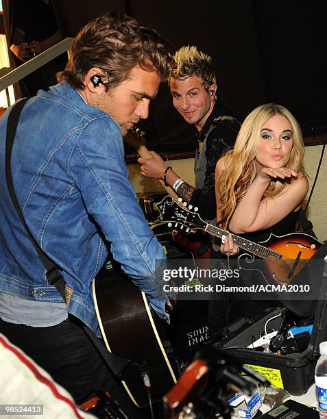 Musicians Tom Gossin, Mike Gossin and Cheyenne Kimball of the band Gloriana at the 45th Annual Academy of Country Music Awards concerts at the...