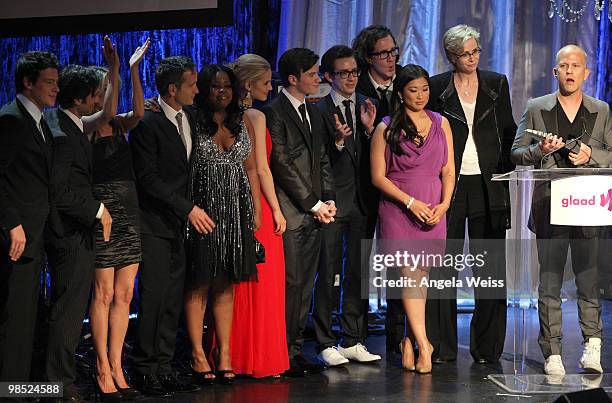 The cast of Glee and show creator Ryan Murphy onstage at the 21st Annual GLAAD Media Awards held at Hyatt Regency Century Plaza on April 17, 2010 in...