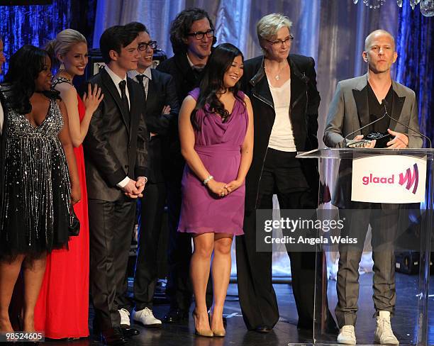 The cast of Glee and show creator Ryan Murphy onstage at the 21st Annual GLAAD Media Awards held at Hyatt Regency Century Plaza on April 17, 2010 in...