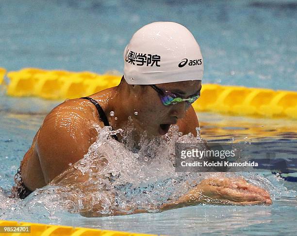 Satomi Suzuki competes in the Women's 100m Breaststroke Final during the day six of the Japan Swim 2010 at Tokyo Tatsumi International Swimming Pool...