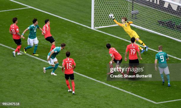 Hyeonwoo Jo of Korea Republic makes a save during the 2018 FIFA World Cup Russia group F match between Korea Republic and Germany at Kazan Arena on...