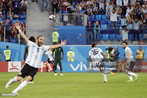 Gonzalo Higuain of Argentina, Marcos Rojo of Argentina, Lionel Messi of Argentina during the 2018 FIFA World Cup Russia group D match between Nigeria...