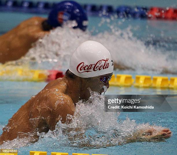 Kosuke Kitajima competes in the Men's 100m Breaststroke Final during the day six of the Japan Swim 2010 at Tokyo Tatsumi International Swimming Pool...