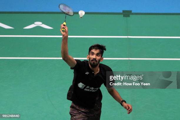 Kidambi Srikanth of India in action during Celcom Axiata Badminton Malaysia Open 2018 at Bukit Jalil Stadium, Kuala Lumpur on June 27, 2018 in Kuala...