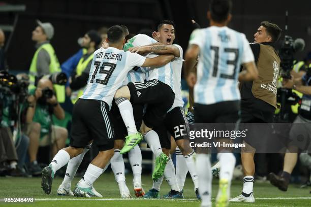 Sergio Aguero of Argentina, Marcos Rojo of Argentina, Lionel Messi of Argentina, Cristian Pavon of Argentina during the 2018 FIFA World Cup Russia...
