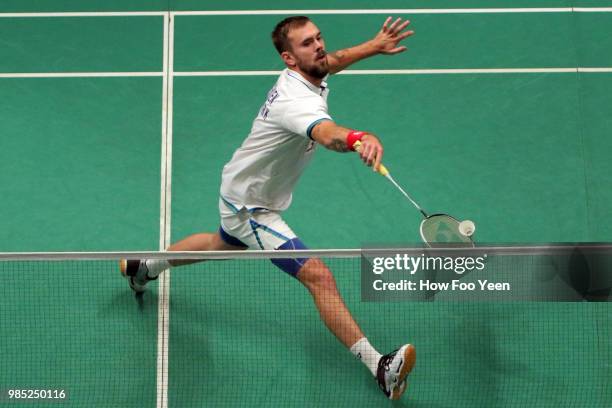 Jan O Jorgensen of Denmark in action during Celcom Axiata Badminton Malaysia Open 2018 at Bukit Jalil Stadium, Kuala Lumpur on June 27, 2018 in Kuala...