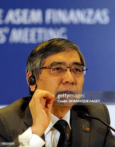 Japanese President of the Asian Development Bank Haruhiko Kuroda delivers a press conference at the end of an Asia Europe Meeting at the Congress...