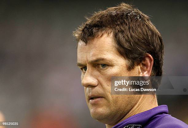 Dockers Coach Mark Harvey during the quarter time break during round four AFL match between the St Kilda Saints and the Fremantle Dockers at Etihad...