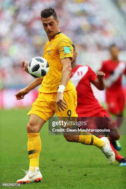 Tomi Juric of Australia in action during the 2018 FIFA World Cup Russia group C match between Australia and Peru at Fisht Stadium on June 26, 2018 in...