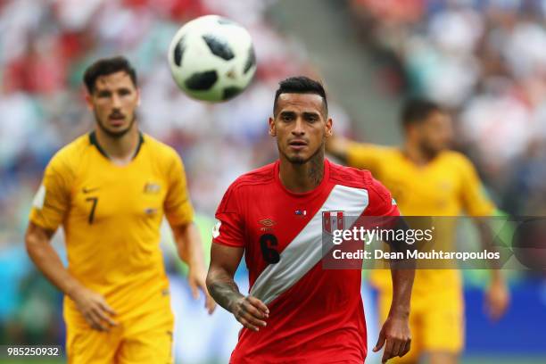 Miguel Trauco of Peru in action during the 2018 FIFA World Cup Russia group C match between Australia and Peru at Fisht Stadium on June 26, 2018 in...