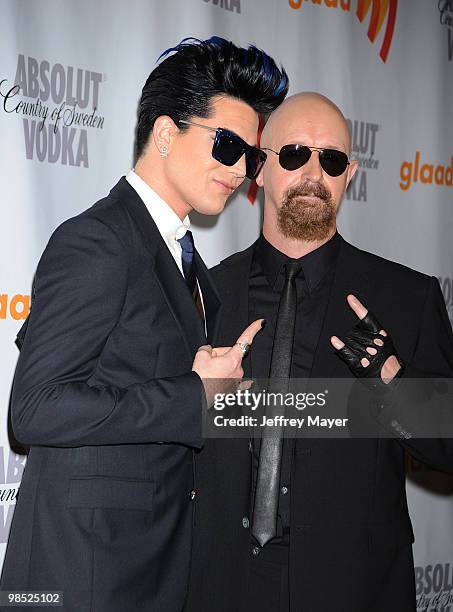 Singer Adam Lambert and musician Rob Halford of Judas Priest arrive at the 21st Annual GLAAD Media Awards at Hyatt Regency Century Plaza on April 17,...