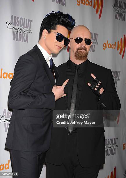 Singer Adam Lambert and musician Rob Halford of Judas Priest arrive at the 21st Annual GLAAD Media Awards at Hyatt Regency Century Plaza on April 17,...