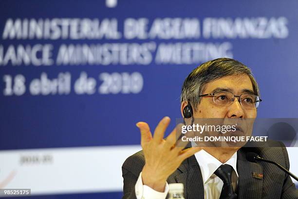 Japanese President of the Asian Development Bank Haruhiko Kuroda delivers a press conference at the end of an Asia Europe Meeting at the Congress...