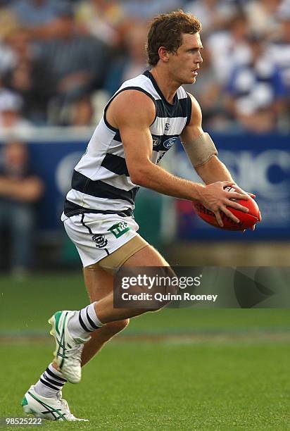 Joel Selwood of the Cats kicks during the round four AFL match between the Geelong Cats and the Port Adelaide Power at Skilled Stadium on April 18,...