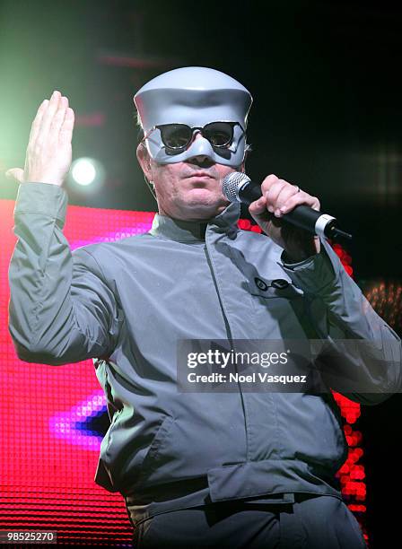 Musician Mark Mothersbaugh of the band Devo performs during day two of the Coachella Valley Music & Arts Festival 2010 held at the Empire Polo Club...