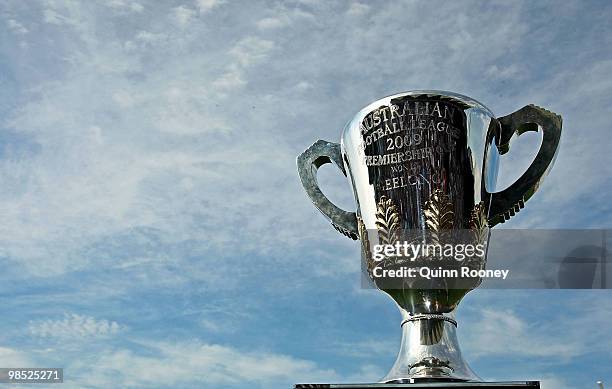 The 2009 premiership trophy is on display during the round four AFL match between the Geelong Cats and the Port Adelaide Power at Skilled Stadium on...