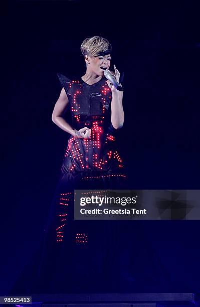 Rihanna performs live at Gelredome on April 17, 2010 in Arnhem, Netherlands.