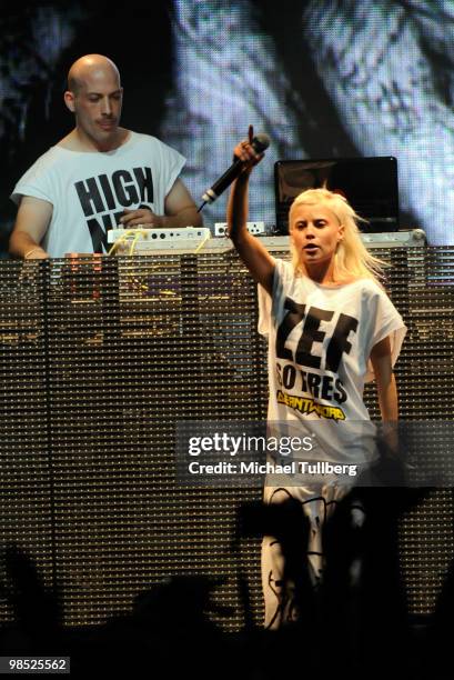 Hi-Tek and rapper Yo-Landi Vi$$er of Die Antwoord performs during day two of the Coachella Valley Music & Arts Festival 2010 held at the Empire Polo...