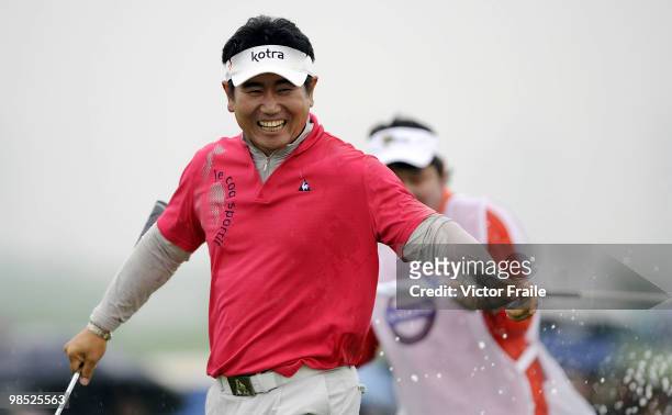Yang of Korea celebrates after winning the Volvo China Open on April 18, 2010 in Suzhou, China.