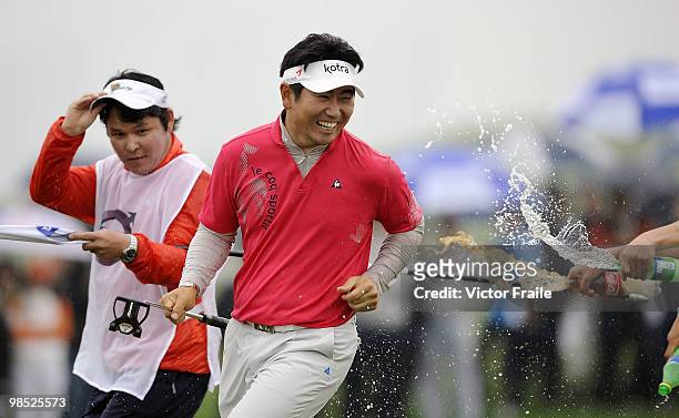 Yang of Korea celebrates after winning the Volvo China Open on April 18, 2010 in Suzhou, China.