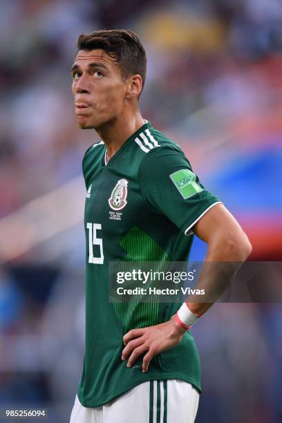 Hector Moreno of Mexico reacts during the 2018 FIFA World Cup Russia group F match between Mexico and Sweden at Ekaterinburg Arena on June 27, 2018...