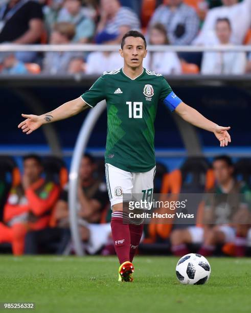 Andres Guardado of Mexico appeals to assistant referee for a decision during the 2018 FIFA World Cup Russia group F match between Mexico and Sweden...