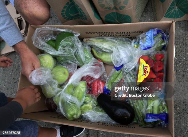 Jeffrey Carson, top, from Mi-Amore and his four-year-old son Roman, bottom, begin to sort the food they have just been given by the owners of the...