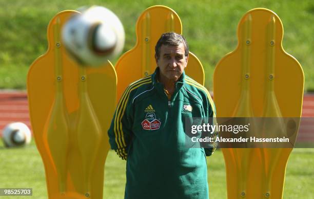 Carlos Alberto Gomes Parreira, head coach of South African national football team looks on during a training session of the South African national...