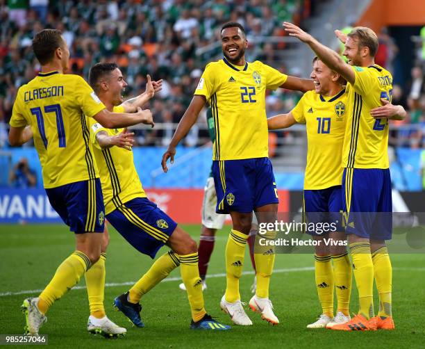 Players of Sweden celebrate their team's third goal, an own goal scored by Edson Alvarez of Mexico, during the 2018 FIFA World Cup Russia group F...